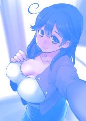 Rule 34 | 10s, 1girl, ahoge, black hair, blouse, blue theme, blush, braid, breasts, cleavage, collarbone, commentary request, french braid, from above, hair between eyes, kantai collection, large breasts, long hair, long sleeves, looking at viewer, outstretched arm, perepere-kun, reaching, reaching towards viewer, selfie, shirt, smile, solo, taking picture, ushio (kancolle), white shirt