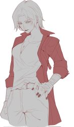 Rule 34 | 1girl, aleihahaha, blue eyes, breasts, coat, collared shirt, curvy, dante (devil may cry), devil may cry (series), devil may cry 5, genderswap, genderswap (mtf), gloves, hand on own hip, hand up, highres, jacket, large breasts, lips, lipstick, makeup, mature female, monochrome, parted lips, red coat, red jacket, shirt, solo, spot color, standing
