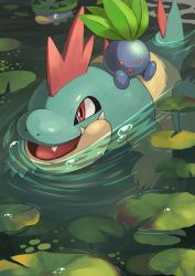 Rule 34 | air bubble, bubble, commentary request, creatures (company), croconaw, game freak, gen 1 pokemon, gen 2 pokemon, gen 3 pokemon, highres, lily pad, lotad, nintendo, no humans, oddish, open mouth, outdoors, pokemon, pokemon (creature), red eyes, riding, riding pokemon, ripples, sitting, swimming, tesshii (riza4828), tongue, water