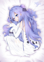 Rule 34 | 1girl, ahoge, azur lane, bed sheet, chaciooh, commentary request, hugging doll, dress, hair ribbon, highres, long hair, looking at viewer, lying, hugging object, one side up, parted lips, purple eyes, purple hair, ribbon, solo, stuffed animal, stuffed pegasus, stuffed toy, stuffed unicorn, stuffed winged unicorn, unicorn (azur lane), white dress, white legwear