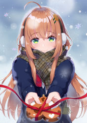 Rule 34 | 1girl, absurdres, ahoge, blue cardigan, blush, box, brown hair, buttons, cardigan, closed mouth, commentary, cowboy shot, earmuffs, flower, fuji dorokai, gift, green eyes, hair between eyes, hair flower, hair ornament, hairclip, heart, heart-shaped box, highres, holding, holding box, holding gift, honma himawari, incoming gift, long hair, long sleeves, looking at viewer, nijisanji, outdoors, pov, red neckwear, school uniform, smile, snow, snowflakes, solo, sunflower, sunflower hair ornament, valentine, virtual youtuber