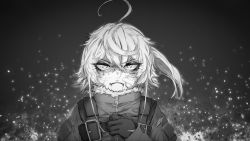 Rule 34 | 1girl, absurdres, ahoge, alma01, bad id, bad twitter id, black gloves, blood, blood from mouth, gloves, greyscale, highres, jacket, long sleeves, looking at viewer, monochrome, parted lips, sketch, solo, sweat, tanya degurechaff, upper body, youjo senki