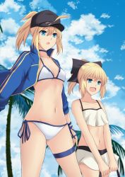 Rule 34 | 2girls, :d, ahoge, artoria pendragon (all), artoria pendragon (fate), bare shoulders, baseball cap, bikini, bikini skirt, black bow, blonde hair, blue choker, blue eyes, blue scarf, bow, breasts, choker, cleavage, cloud, cloudy sky, collarbone, commentary request, cross (crossryou), day, fate/grand order, fate (series), hair between eyes, hair bow, hat, jacket, long hair, looking at viewer, medium breasts, multiple girls, mysterious heroine x (fate), open mouth, outdoors, ponytail, saber lily, scarf, shorts, sky, smile, thigh strap