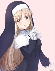 Rule 34 | 1girl, :d, basa rutan, black dress, blush, brown eyes, brown hair, commentary request, dress, gloves, habit, hand up, index finger raised, long hair, long sleeves, looking at viewer, nijisanji, nun, open mouth, parted bangs, pink background, puffy long sleeves, puffy sleeves, signature, sister claire, sister claire (1st costume), smile, solo, traditional nun, veil, very long hair, virtual youtuber, white gloves