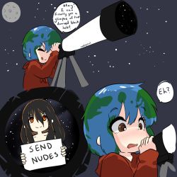 Rule 34 | 2girls, absurdres, artist name, black hair, blackhole-chan, blue hair, brown eyes, earth-chan, english text, female pervert, green hair, highres, holding, holding sign, multicolored hair, multiple girls, nuelogical, orange eyes, original, pervert, sign, smile, telescope, tongue, tongue out, two-tone hair