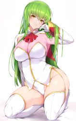 Rule 34 | 1girl, ascot, blue gk, blush, bodysuit, boots, breasts, c.c., code geass, gold trim, green hair, hair between eyes, highres, jacket, kneeling, large breasts, leotard, long hair, long sleeves, looking at viewer, multicolored clothes, multicolored jacket, parted lips, pink jacket, red ascot, simple background, smile, solo, thigh boots, thighhighs, thighs, two-sided fabric, two-sided jacket, two-tone jacket, very long hair, white background, white footwear, white jacket, white leotard, yellow eyes