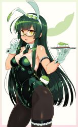 Rule 34 | 1girl, ahoge, animal ears, arm garter, bare shoulders, bespectacled, black pantyhose, blush, breasts, bridal garter, cleavage, covered navel, detached collar, fake animal ears, food, glasses, gloves, green hair, green hairband, hairband, highres, large breasts, leotard, long hair, looking at viewer, mochi, necktie, null (nyanpyoun), open mouth, pantyhose, pea pod, playboy bunny, rabbit ears, rabbit tail, semi-rimless eyewear, short necktie, skindentation, solo, strapless, strapless leotard, tail, tan, thigh strap, touhoku zunko, tray, under-rim eyewear, very long hair, vocaloid, voiceroid, white gloves, wrist cuffs, yellow eyes