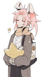 Rule 34 | 1boy, animal ears, bag, black pants, brown coat, chinese commentary, closed mouth, coat, commentary request, cowboy shot, english text, hatsutori hajime, holding, holding pillow, kemonomimi mode, long sleeves, male focus, open clothes, open coat, pants, parted bangs, pillow, pink hair, ponytail, rabbit boy, rabbit ears, red-xii, red eyes, saibou shinkyoku, scarf, shirt, shoulder bag, simple background, smile, solo, star (symbol), translation request, white background, white shirt, yellow scarf