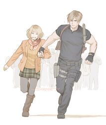 Rule 34 | 1boy, 1girl, ashley graham, biceps, black gloves, black shirt, blonde hair, bob cut, boots, brown hair, buckle, closed eyes, curtained hair, fingerless gloves, gloves, grimace, holding hands, holster, holstered, knife sheath, leon s. kennedy, muscular, muscular male, orange shirt, pantyhose, resident evil, resident evil 4, resident evil 4 (remake), running, sardine (kjr0313), sheath, shirt, short hair, shoulder holster, snap-fit buckle, sweat, t-shirt, thigh holster, tight clothes, tight shirt, weapon