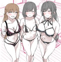 Rule 34 | 3girls, :d, black hair, blush, braid, breasts, brown hair, choker, crotchless, crotchless panties, glaring, highres, holding hands, indoors, jack dempa, large breasts, lingerie, long hair, looking at viewer, mole, mole on arm, mole on thigh, mole under eye, multiple girls, navel, open mouth, original, panties, parted lips, ribbon choker, short hair, side braid, sketch, small breasts, smile, standing, sweat, underwear, underwear only, unfinished