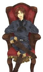Rule 34 | 1boy, axis powers hetalia, boots, brown eyes, brown hair, chair, gloves, hainegom, janis (hainegom), male focus, military, military uniform, northern italy (hetalia), simple background, sitting, solo, uniform