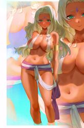 1girl absurdres ancient_indian_clothes armlet artist_logo blonde_hair border breasts cleavage closed_mouth code_geass commentary contrapposto dark-skinned_female dark_skin english_commentary facial_mark feet_in_water feet_out_of_frame forehead_mark green_eyes highres hymin indian jewelry large_breasts logo long_hair looking_at_viewer meme multiple_views navel outside_border photo-referenced rakshata_chawla revealing_clothes smile standing stomach very_long_hair wading water white_border yakshi_statue_(meme) zoom_layer