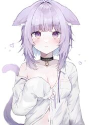Rule 34 | 1girl, animal ears, blush, breasts, cat ears, cat girl, cat tail, cleavage, collar, ears down, fumin (pixiv 91905080), heart, highres, hololive, large breasts, long sleeves, looking at viewer, medium hair, naked shirt, nekomata okayu, nekomata okayu (oversized shirt), purple eyes, purple hair, purple ribbon, ribbon, shirt, tail, virtual youtuber, white background, white shirt