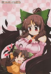 Rule 34 | 2girls, alternate costume, bare shoulders, blush, blush stickers, bow, breast rest, breasts, breasts on head, brown hair, hair bow, happy, highres, hug, kokuu haruto, large breasts, long hair, mother and daughter, multiple girls, non-web source, off-shoulder, off-shoulder sweater, off shoulder, open mouth, red eyes, reiuji utsuho, smile, sweater, touhou, wings
