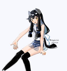 Rule 34 | 1girl, black hair, black thighhighs, blouse, blue one-piece swimsuit, commentary request, feet out of frame, green eyes, hair ribbon, headgear, i-47 (kancolle), kangoku kou, kantai collection, long hair, looking at viewer, one-hour drawing challenge, one-piece swimsuit, open mouth, ribbon, sailor collar, school swimsuit, see-through, see-through skirt, shirt, simple background, sitting, skirt, sleeveless, sleeveless shirt, solo, swimsuit, swimsuit under clothes, thighhighs, tress ribbon, white background, white sailor collar, white shirt