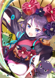Rule 34 | 1girl, black hair, blue eyes, calligraphy, calligraphy brush, fate/grand order, fate (series), flower, hair flower, hair ornament, hairpin, ink, japanese clothes, katsushika hokusai (fate), keepout, kimono, octopus, open mouth, paintbrush, rainbow, solo, sparkle