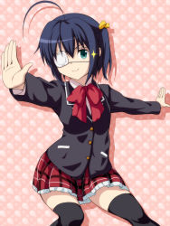 Rule 34 | 10s, 1girl, ahoge, black thighhighs, blue hair, blush, bow, buttons, chuunibyou demo koi ga shitai!, eyepatch, female focus, green eyes, hair between eyes, highres, looking at viewer, mei ichi, open hands, outstretched arms, pink background, plaid, plaid skirt, school uniform, shadow, short hair, side ponytail, silhouette, simple background, skirt, smile, solo, sparkle, standing, takanashi rikka, thighhighs, uniform, zettai ryouiki