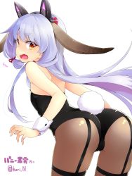 Rule 34 | 10s, 1girl, ^^^, absurdres, animal ears, ass, bare shoulders, blue hair, commentary request, eyebrows, fake animal ears, fishnets, garter straps, headgear, highres, kantai collection, leaning forward, leotard, long hair, looking back, murakumo (kancolle), nino (shira), orange eyes, pantyhose, playboy bunny, rabbit ears, rabbit tail, short eyebrows, shoulder blades, solo, surprised, tail, thighhighs, thighhighs over pantyhose, twitter username, very long hair, white background, wrist cuffs
