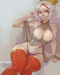 Rule 34 | 1girl, absurdres, anatoiler, arm support, arms up, bare shoulders, breasts, cleavage cutout, clothing cutout, glasses, headband, highres, lips, looking at viewer, medium breasts, nail polish, navel, nintendo, novelty glasses, purah, red eyes, red thighhighs, round eyewear, shadow, shiny clothes, shiny legwear, signature, simple background, sitting, sketch, skindentation, solo, the legend of zelda, the legend of zelda: tears of the kingdom, thick thighs, thighhighs, thighs, white hair