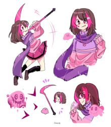 Rule 34 | akumu (glitchtale), bete noire, boots, brown hair, clothes, glitchtale, pink hair, scythe, short hair, skirt, smile, bad tag, white background