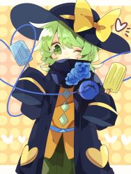 Rule 34 | 1girl, ;&gt;, adapted costume, black coat, black hat, black scarf, blue flower, blue rose, bow, buttons, coat, commentary, cowboy shot, diamond button, dotted background, flower, food, green eyes, green hair, green skirt, hat, hat bow, heart, heart of string, highres, holding, holding food, holding ice cream, ice cream, jacket, komeiji koishi, long sleeves, looking at viewer, medium hair, nikorashi-ka, one-hour drawing challenge, open clothes, open jacket, popsicle, rose, scarf, skirt, sleeves past fingers, sleeves past wrists, solo, third eye, touhou, wide sleeves, winter clothes, yellow bow