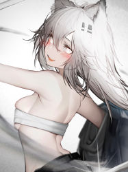 Rule 34 | 1girl, :d, absurdres, animal ears, arknights, arms up, bare shoulders, blush, breasts, chest sarashi, from side, hair between eyes, highres, lappland (arknights), long hair, looking at viewer, looking back, medium breasts, off shoulder, open mouth, outstretched arms, sarashi, scar, scar across eye, scar on face, sideboob, silver hair, simple background, skindentation, smile, solo, tab head, teeth, upper body, upper teeth only, white background, wolf ears