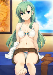 Rule 34 | 10s, 1girl, bare legs, bare shoulders, barefoot, bikini, blouse, breasts, brown legwear, brown skirt, cleavage, cloud, collarbone, commentary request, eyebrows, feet, green eyes, green hair, hair between eyes, hair ornament, hairclip, highres, kantai collection, light smile, long hair, looking at viewer, matching hair/eyes, medium breasts, navel, open clothes, panties, pantyshot, pleated skirt, shirt, sitting, skirt, sky, smile, solo, sorano (12gou), suzuya (kancolle), swimsuit, toes, underboob, underwear, white bikini, white shirt