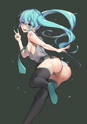 Rule 34 | 00s, 1girl, :d, aqua eyes, aqua hair, aqua necktie, ass, bare shoulders, black skirt, black thighhighs, blue eyes, blush, boots, breasts, cameltoe, commentary request, covered erect nipples, from behind, grey shirt, hand up, hatsune miku, highres, huge ass, leaning forward, leg up, long hair, looking at viewer, looking back, medium breasts, miniskirt, necktie, no bra, open mouth, panties, papino, pleated skirt, shirt, sideboob, simple background, skirt, sleeveless, sleeveless shirt, smile, solo, teeth, thigh boots, thighhighs, thighs, twintails, underwear, upper teeth only, upskirt, v, very long hair, vocaloid, white panties, wide hips