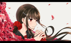 Rule 34 | 1girl, black sailor collar, blunt bangs, brown hair, closed mouth, commentary request, danganronpa (series), danganronpa v3: killing harmony, expressionless, field, flower, flower field, hair ornament, hair scrunchie, hairclip, harukawa maki, knee up, letterboxed, long hair, low twintails, mole, mole under eye, nico (nico alice), petals, pink flower, red eyes, red legwear, red scrunchie, red shirt, sailor collar, school uniform, scrunchie, serafuku, shirt, simple background, solo, twintails, upper body, white background