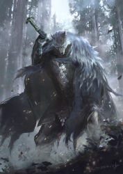 Rule 34 | 1boy, armor, artist name, blaidd the half-wolf, breastplate, cape, cloak, elden ring, embers, forest, full body, fur cape, fur cloak, gauntlets, greaves, highres, holding, holding sword, holding weapon, looking at viewer, male focus, miso katsu, nature, solo, standing, sword, tree, weapon, weapon on back, wolf boy
