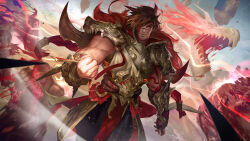 Rule 34 | 1boy, armor, belt, breastplate, character request, check character, clenched hand, closed mouth, cowboy shot, dragon, fingerless gloves, gloves, hand up, heterochromia, highres, league of legends, looking at viewer, male focus, muscular, muscular male, obsidian dragon sett, open mouth, red belt, red eyes, red hair, scar, scar on face, scar on nose, sett (league of legends), sharp teeth, short hair, shoulder plates, solo focus, teeth, wutu (1183238220)