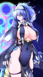 Rule 34 | 1girl, annes (g (genesis1556)), black dress, black gloves, black headwear, blue eyes, blue gemstone, blue hair, breast curtains, breasts, cleavage, commentary request, covered erect nipples, covered navel, cowboy shot, dragon girl, dragon tail, dress, eyepatch, g (genesis1556), gem, gloves, habit, hair between eyes, hair through headwear, high ponytail, highleg, highleg panties, highres, holding, holding sword, holding weapon, large breasts, long hair, long sleeves, looking at viewer, monster girl, nun, ootachi, original, panties, parted lips, pelvic curtain, ponytail, scales, scar, scar across eye, shrug (clothing), sidelocks, skindentation, solo, standing, sword, tail, thigh strap, underwear, weapon, wide sleeves