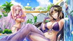 Rule 34 | 2girls, amadea wolfa, arms up, baggy pants, belly chain, black hair, blonde hair, blue sky, bracelet, breasts, bridal gauntlets, cloud, dolphin wave, grin, hair ornament, hairclip, harem outfit, highres, jewelry, large breasts, multicolored hair, multiple girls, nacht (dolphin wave), official art, ootomo takuji, pants, pink eyes, pink hair, see-through, sky, smile, striped hair, underboob, wet, wet clothes, yellow eyes
