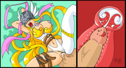 Rule 34 | 1boy, 1girl, angel, angewomon, artist name, bare shoulders, blonde hair, breasts, clothed female nude male, covered eyes, cowgirl position, cross-section, cum, cum in pussy, dahs, digimon, helmet, hetero, large breasts, long hair, monster, nipples, nude, orgasm, penis, pussy juice, saliva, sex, solo focus, spread legs, straddling, uncensored, vaginal