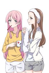 Rule 34 | 2girls, bang dream!, bang dream! it&#039;s mygo!!!!!, blue eyes, brown hair, chihaya anon, collarbone, commentary request, cowboy shot, cup, grey eyes, grey shorts, gumoyu, holding, holding cup, holding towel, long hair, long sleeves, looking at another, mug, multiple girls, nagasaki soyo, open mouth, parted lips, pink hair, shirt, shorts, sidelocks, simple background, toothbrush in mouth, towel, towel on head, wet, white background, white shirt, white shorts, yellow shirt