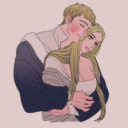 Rule 34 | 1boy, 1girl, affectionate, bare shoulders, blonde hair, blue jacket, blush, brother and sister, closed eyes, closed mouth, collared shirt, cropped torso, dungeon meshi, eyelashes, falin touden, falin touden (tallman), genderswap, genderswap (ftm), genderswap (mtf), grey shirt, head tilt, heads together, hug, jacket, korean commentary, laios touden, long hair, long sleeves, looking ahead, off shoulder, parted bangs, pinkteest, shirt, short hair, siblings, simple background, smile, upper body, yellow eyes