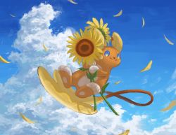 Rule 34 | alolan form, alolan raichu, blue eyes, closed mouth, cloud, commentary request, creatures (company), day, flower, flying, full body, game freak, gen 7 pokemon, highres, holding, holding flower, nashimochi 4, nintendo, no humans, outdoors, petals, pokemon, pokemon (creature), sky, smile, solo, split mouth, sunflower
