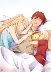 Rule 34 | 1boy, 2girls, absurdres, ahoge, alternate costume, artoria pendragon (all), artoria pendragon (fate), blonde hair, brown shirt, emiya shirou, family, fate/apocrypha, fate/stay night, fate (series), girl sandwich, highres, long hair, mordred (fate), mordred (fate/apocrypha), mother and daughter, multiple girls, nachtness, pon de lion, red hair, saber (fate), sandwiched, shirt, short hair, sleeping, type-moon