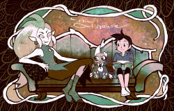 Rule 34 | 1boy, 2girls, absurdres, bare shoulders, big hair, black hair, black pants, book, broken horn, colored skin, copyright name, couch, creature, cushion, dress, earrings, edalyn clawthorne, fang, full body, green eyes, green footwear, highres, horns, jewelry, king clawthorne, leggings, pantyhose under shorts, limited palette, long hair, luz noceda, mask, multiple girls, no shoes, on couch, open book, pants, pantyhose, pointy ears, short hair, shorts, sitting, skull mask, sleeveless, sleeveless dress, smile, socks, the owl house, tomidoron, very long hair, white footwear, white skin, witch, yellow eyes