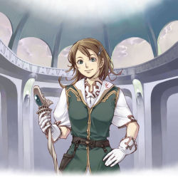 Rule 34 | 1girl, belt, brown eyes, brown hair, buckle, fantasy, gloves, head tilt, holding, holding sword, holding weapon, looking at viewer, looking back, original, solo, sword, tamaki g (artist), tunic, weapon, white gloves