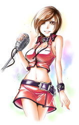 Rule 34 | 1girl, breasts, brown eyes, brown hair, choker, cleavage, female focus, gradient background, kitano tomotoshi, meiko (vocaloid), microphone, microphone stand, midriff, nail polish, navel, short hair, skirt, solo, tank top, vocaloid, wristband