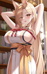 Rule 34 | 1girl, absurdres, animal ears, armpits, arms behind head, blonde hair, blue archive, blush, book, bookshelf, breasts, chelly (glisten chelly), fox ears, hakama, halo, highres, indoors, japanese clothes, kaho (blue archive), kimono, large breasts, long hair, looking at viewer, mole, mole under mouth, open mouth, sideboob, solo, white hakama, white kimono, yellow eyes, yellow halo