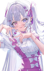 Rule 34 | 00nanona, 1girl, bandaid, blue eyes, bow, dress, ear piercing, eyes visible through hair, frilled dress, frills, grey hair, hair ornament, hands up, heart, heart hands, hetero, highres, looking at viewer, original, piercing, pink eyes, pointy ears, puffy short sleeves, puffy sleeves, short sleeves, solo, straight hair, twintails, upper body, white background, x hair ornament