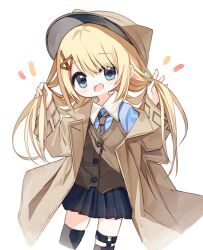 Rule 34 | 1girl, animal ears, animal hat, black skirt, black thighhighs, blonde hair, blue eyes, blue shirt, brown hat, brown jacket, brown vest, cabbie hat, collared shirt, commentary request, cropped legs, diagonal-striped clothes, diagonal-striped necktie, fake animal ears, hair between eyes, hair ornament, hairclip, hands up, hat, highres, jacket, long hair, long sleeves, looking at viewer, necktie, notice lines, open clothes, open jacket, original, pleated skirt, shirt, simple background, skirt, sleeves past wrists, solo, striped clothes, thighhighs, very long hair, vest, white background, wide sleeves, x hair ornament, yuuhagi (amaretto-no-natsu)
