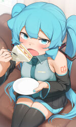 Rule 34 | 1girl, :d, abmayo, absurdres, black skirt, black sleeves, black thighhighs, blush, cake, collared shirt, couch, detached sleeves, food, fork, green eyes, green hair, green nails, green necktie, grey shirt, hatsune miku, highres, holding, holding fork, holding plate, long hair, looking at viewer, miniskirt, nail polish, necktie, open mouth, plate, pleated skirt, shirt, sitting, skirt, smile, solo, strawberry shortcake, thighhighs, twintails, vocaloid