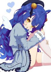 1girl absurdres amamiya_kokoro amamiya_kokoro_(1st_costume) bell beret blue_dress blue_hair blush commentary_request dress hair_bell hair_ornament hat heart highres juliet_sleeves knee_up long_hair long_sleeves looking_at_viewer lunch_boxer nijisanji puffy_sleeves simple_background sitting smile solo thighhighs virtual_youtuber white_background white_thighhighs wings yellow_eyes