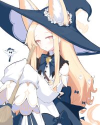 Rule 34 | 1girl, absurdres, animal, animal ear fluff, animal ears, arimas ar1, bare shoulders, bird, black bow, black hat, blonde hair, blue archive, bow, broom, detached sleeves, ears through headwear, flat chest, fox ears, fox tail, halloween, halloween costume, halo, hat, highres, long hair, parted lips, seia (blue archive), simple background, sleeves past fingers, sleeves past wrists, solo, tail, upper body, very long hair, white background, white bird, white sleeves, witch hat, yellow eyes, yellow halo