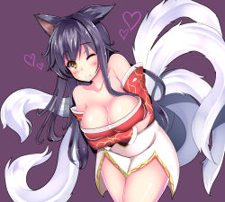 Rule 34 | 1girl, ahri (league of legends), animal ears, bare shoulders, black hair, breasts, cleavage, collarbone, detached sleeves, facial mark, fang, fox ears, fox tail, korean clothes, large breasts, league of legends, multiple tails, senra banshou, slit pupils, solo, tail, whisker markings, yellow eyes