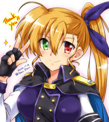 Rule 34 | 1girl, armband, asymmetrical bangs, black cape, black gloves, blonde hair, blue ribbon, blue vest, cape, closed mouth, commentary request, dated, english text, epaulettes, fingerless gloves, gloves, green eyes, hair between eyes, hair ribbon, heterochromia, long hair, long sleeves, looking at viewer, lyrical nanoha, mahou shoujo lyrical nanoha vivid, partial commentary, red eyes, ribbon, san-pon, shirt, side ponytail, smile, solo, thank you, twitter username, upper body, vest, vivio, w, white shirt