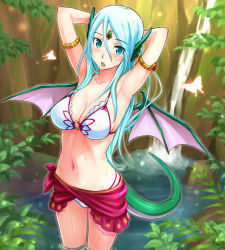 Rule 34 | 1girl, adjusting hair, aqua hair, armpits, arms up, blue eyes, blush, breasts, character request, cleavage, dragon girl, dragon tail, dragon wings, fang, highres, large breasts, legs, long hair, looking at viewer, monster girl, navel, shimano natsume, shingoku no valhalla gate, solo, tail, thigh gap, thighs, vouivre, wading, water, wet, wings
